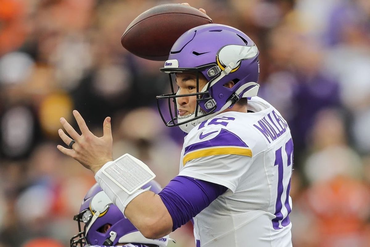 Dec 16, 2023; Cincinnati, Ohio, USA; Minnesota Vikings quarterback Nick Mullens (12) throws a pass against the Cincinnati Bengals in the first half at Paycor Stadium.