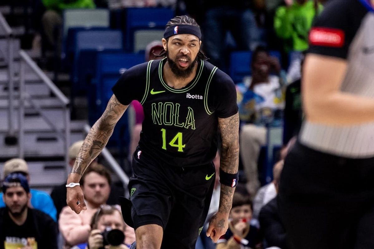 Mar 1, 2024; New Orleans, Louisiana, USA;  New Orleans Pelicans forward Brandon Ingram (14) reacts after he hits a basket against the Indiana Pacers during the first half at Smoothie King Center.