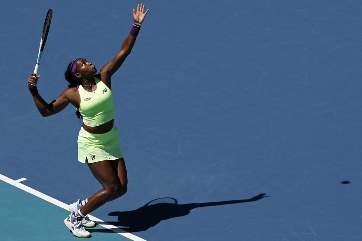 Mar 24, 2024; Miami Gardens, FL, USA; Coco Gauff (USA) serves against Ocean Dodin (FRA) (not pictured) on day seven of the Miami Open at Hard Rock Stadium.