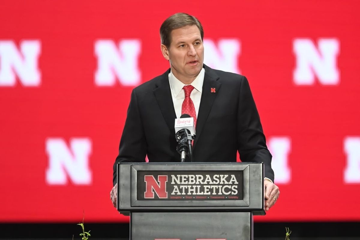 Nov 28, 2022; Omaha, Nebraska, US;  Nebraska Cornhuskers athletic director Trev Alberts speaks at the introductory press conference at the Hawks Championship Center on the University of Nebraska-Lincoln campus.