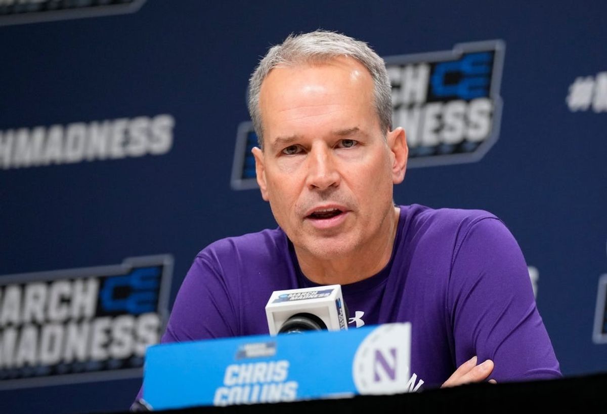 Mar 21, 2024; Brooklyn, NY, USA;  Northwestern coach Chris Collins talks to the media at a press conference at Barclays Center.