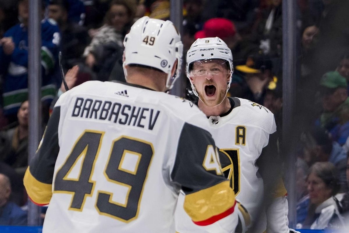 Nov 30, 2023; Vancouver, British Columbia, CAN; Vegas Golden Knights forward Ivan Barbashev (49) and forward Jack Eichel (9) celebrate Eichel   s goal against the Vancouver Canucks in the first period at Rogers Arena.