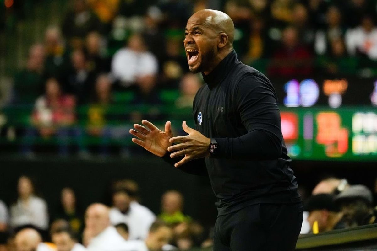 Dec 5, 2023; Waco, Texas, USA; Seton Hall Pirates head coach Shaheen Holloway disputes a call against the Baylor Bears during the first half at Ferrell Center.