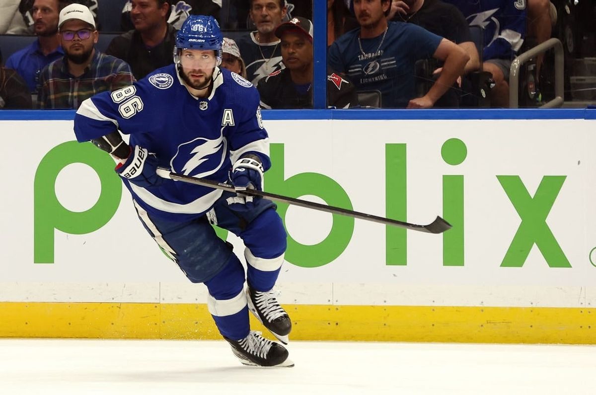 Apr 15, 2024; Tampa, Florida, USA;  Tampa Bay Lightning right wing Nikita Kucherov (86) skates against the Buffalo Sabres during the first period at Amalie Arena.