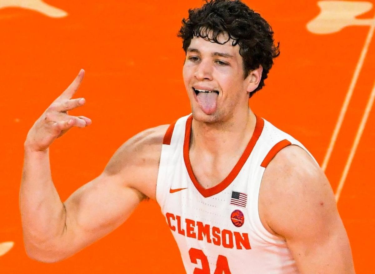 Clemson sophomore forward PJ Hall (24) reacts after making a three-point shot against Wake Forest during the second half at Littlejohn Coliseum.