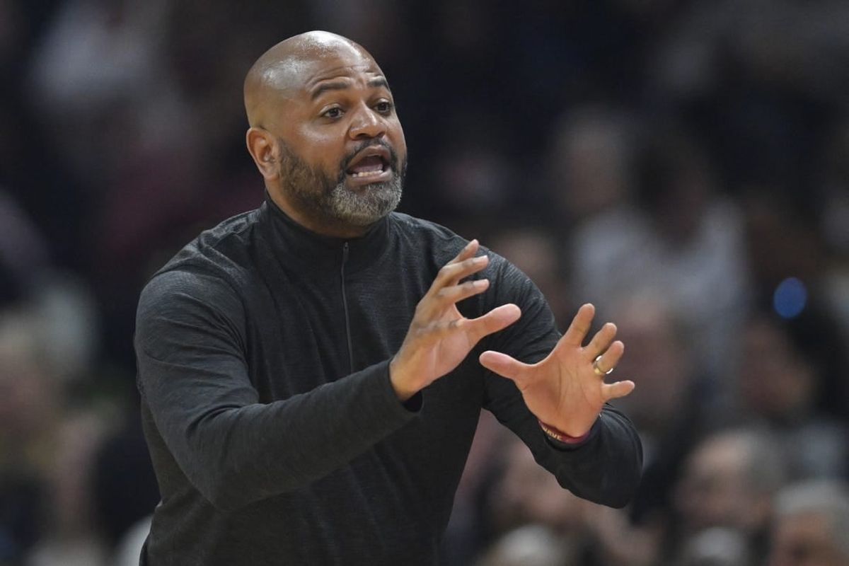 Feb 22, 2024; Cleveland, Ohio, USA; Cleveland Cavaliers head coach J.B. Bickerstaff reacts in the second quarter against the Orlando Magic at Rocket Mortgage FieldHouse.