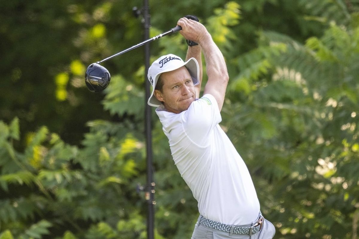 Jul 6, 2023; Silvis, Illinois, USA; Peter Malnati hits his tee shot on the second hole during the first round of the John Deere Classic golf tournament.