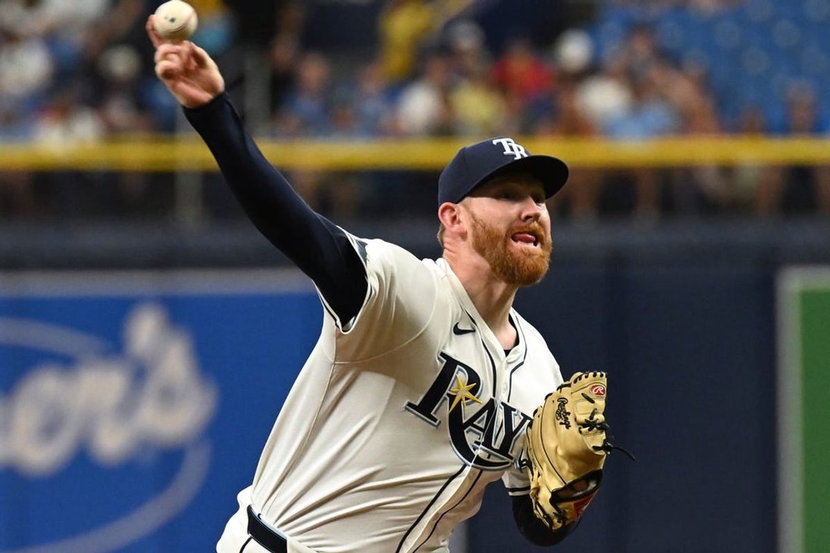 Mar 30, 2024; St. Petersburg, Florida, USA; Tampa Bay Rays starting pitcher Zack Littell (52) throws a pitch in the first inning of the game against the Toronto Blue Jays   at Tropicana Field.