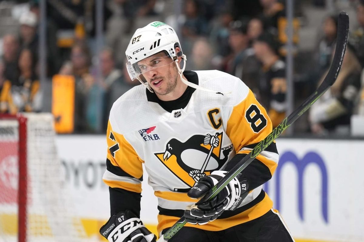 Nov 4, 2023; San Jose, California, USA; Pittsburgh Penguins center Sidney Crosby (87) warms up before the game against the San Jose Sharks at SAP Center at San Jose.
