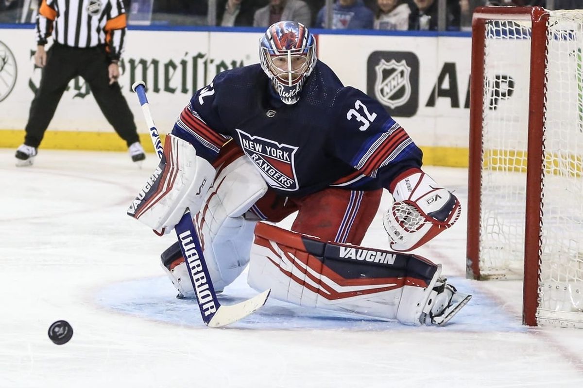 Feb 7, 2024; New York, New York, USA; New York Rangers goaltender Jonathan Quick (32) watches the puck in the third period against the Tampa Bay Lightning at Madison Square Garden.