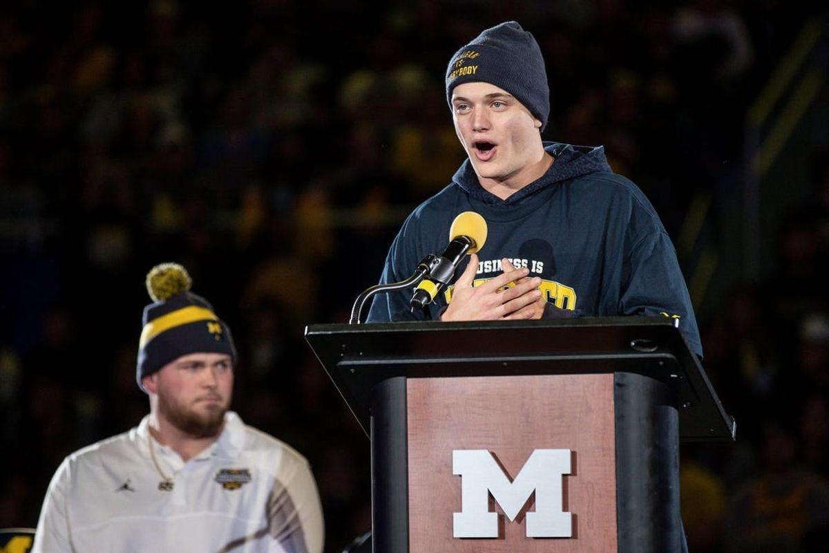 Jan 13, 2024; Ann Arbor, MI, USA; Michigan quarterback J.J. McCarthy speaks during the national championship celebration at Crisler Center in Ann Arbor on Saturday, Jan. 13, 2024.
