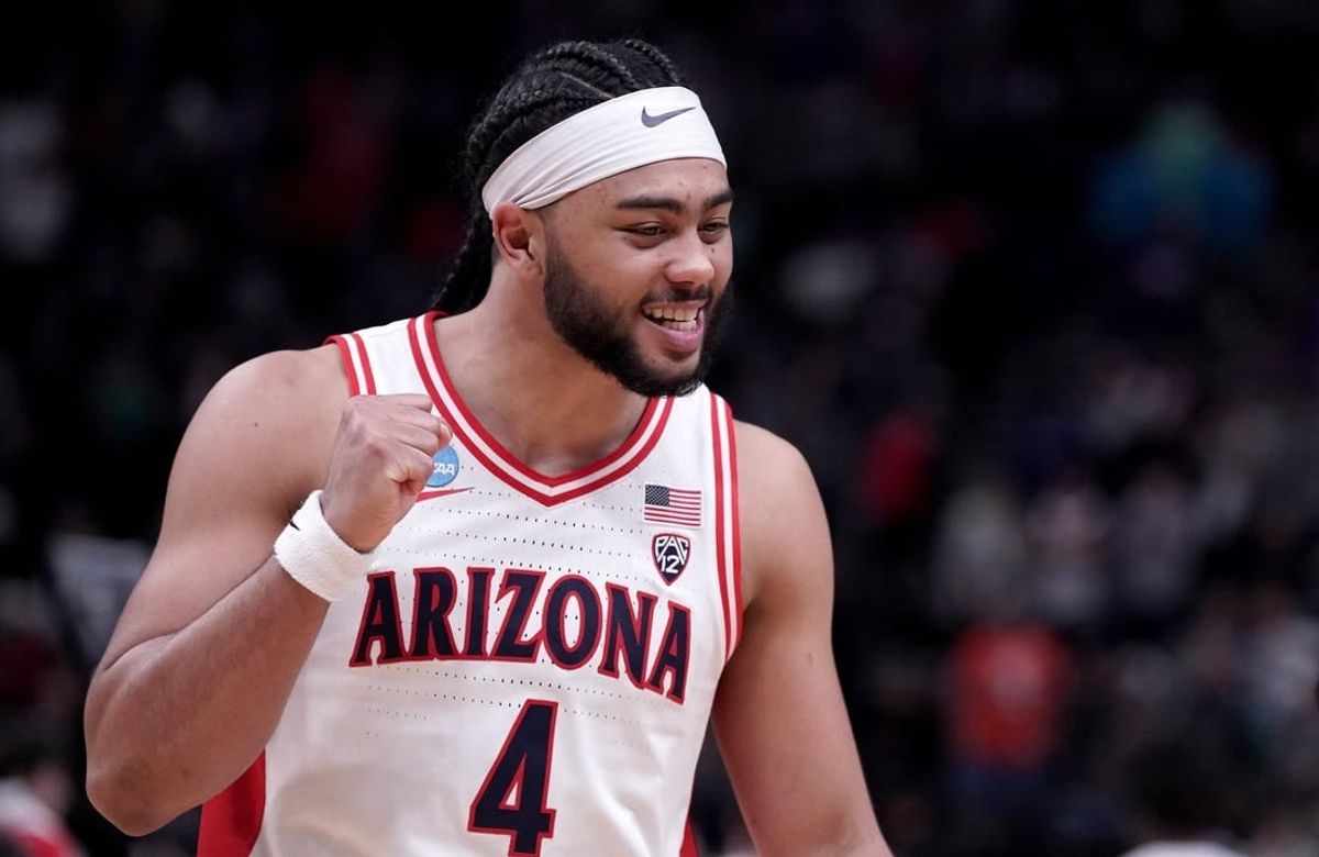Mar 23, 2024; Salt Lake City, UT, USA; Arizona Wildcats guard Kylan Boswell (4) reacts after defeating the Dayton Flyers in the second round of the 2024 NCAA Tournament at Vivint Smart Home Arena-Delta Center.