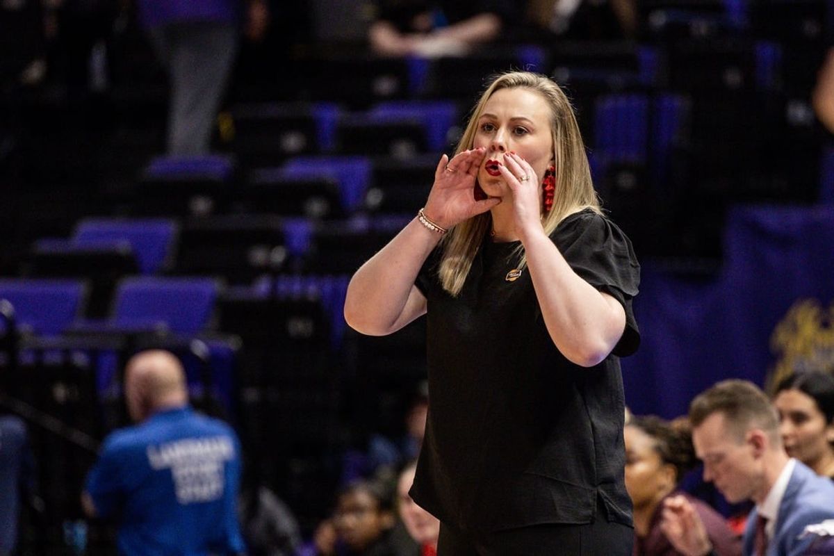 Mar 17, 2023; Baton Rouge, LA, USA;  UNLV Lady Rebels head coach Lindy La Rocque reacts to a play against the Michigan Wolverines during the second half at Pete Maravich Assembly Center.
