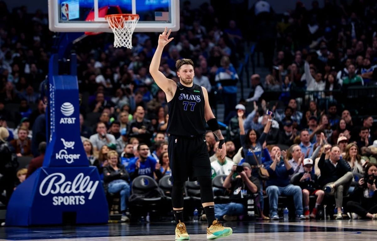 Dec 6, 2023; Dallas, Texas, USA;  Dallas Mavericks guard Luka Doncic (77) reacts during the second quarter against the Utah Jazz at American Airlines Center.