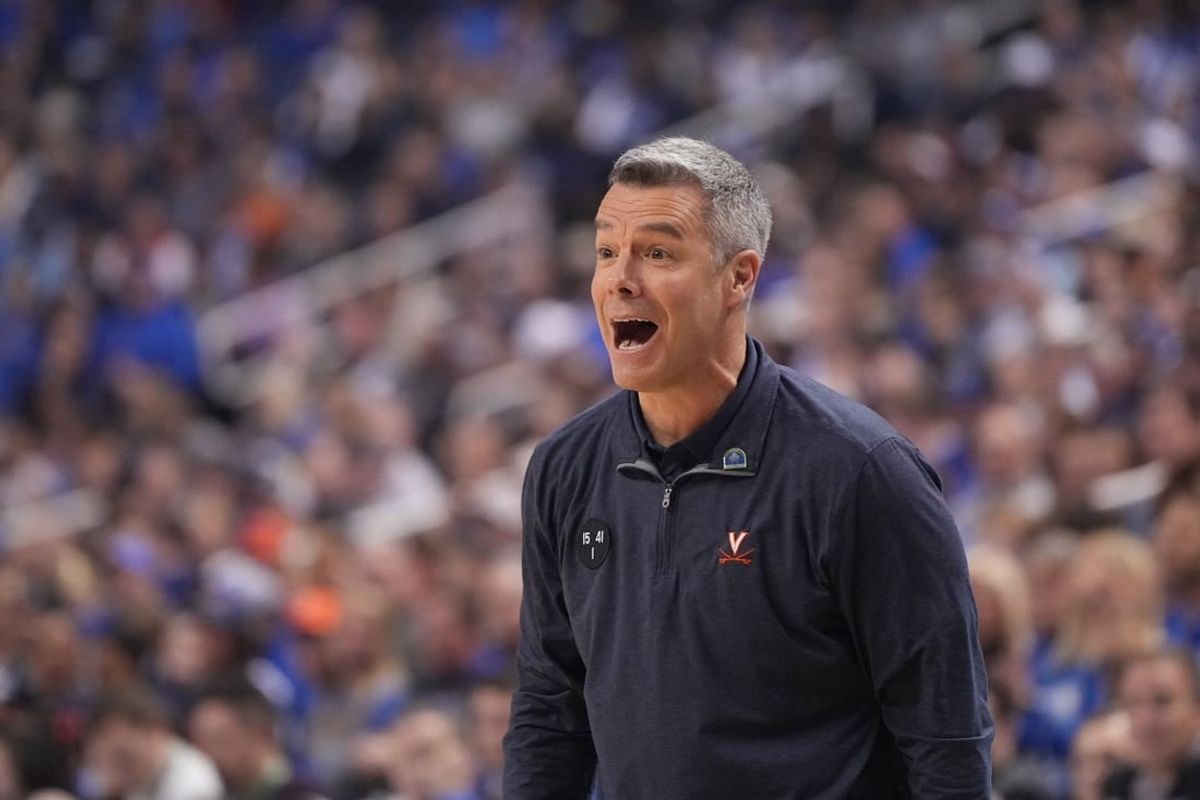 Mar 11, 2023; Greensboro, NC, USA;  Virginia Cavaliers head coach Tony Bennett reacts in the first half of the Championship of the ACC Tournament at Greensboro Coliseum.