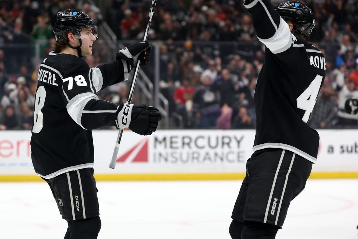 Mar 19, 2024; Los Angeles, California, USA;  Los Angeles Kings right wing Alex Laferriere (78) celebrates with defenseman Jacob Moverare (43) after scoring a goal against Chicago Blackhawks during the first period at Crypto.com Arena.