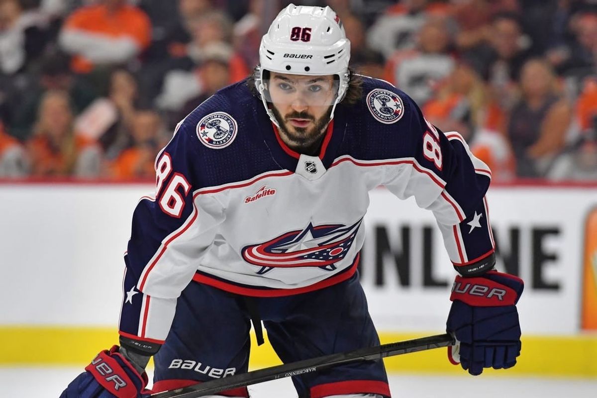 Jan 4, 2024; Philadelphia, Pennsylvania, USA; Columbus Blue Jackets right wing Kirill Marchenko (86) against the Philadelphia Flyers at Wells Fargo Center.