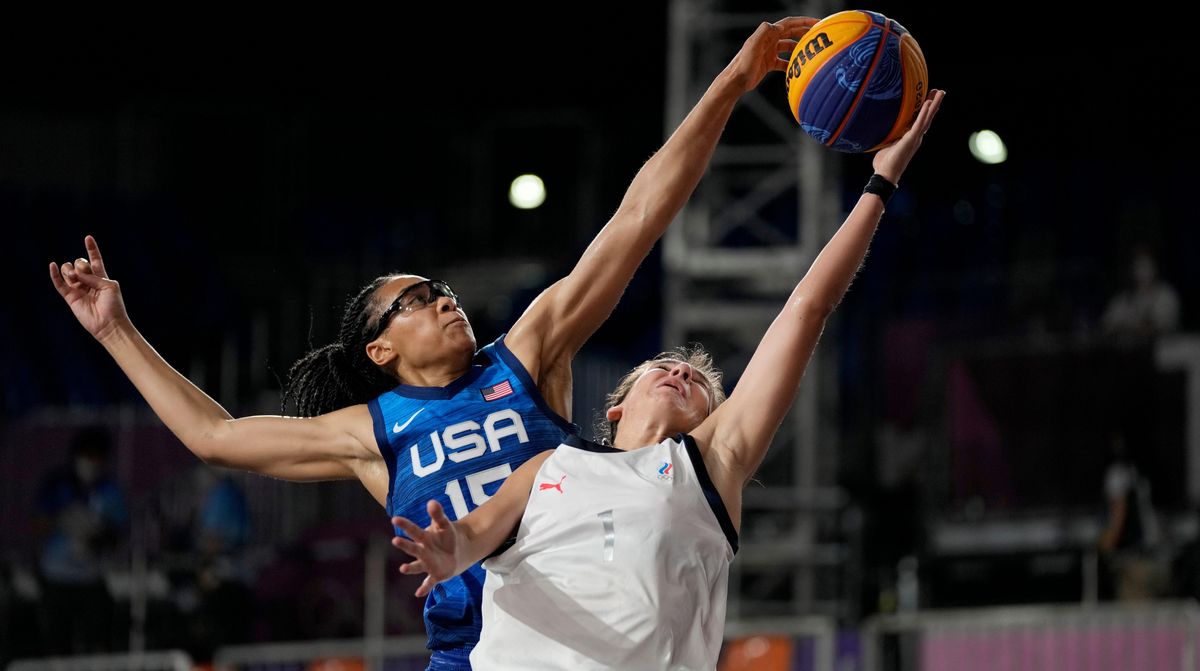 United States’ Kelsey Plum in action against Russian Olympic Committee during a women’s 3-on-3 basketball game at the 2020 Summer Olympics, Sunday, July 25, 2021, in Tokyo, Japan.