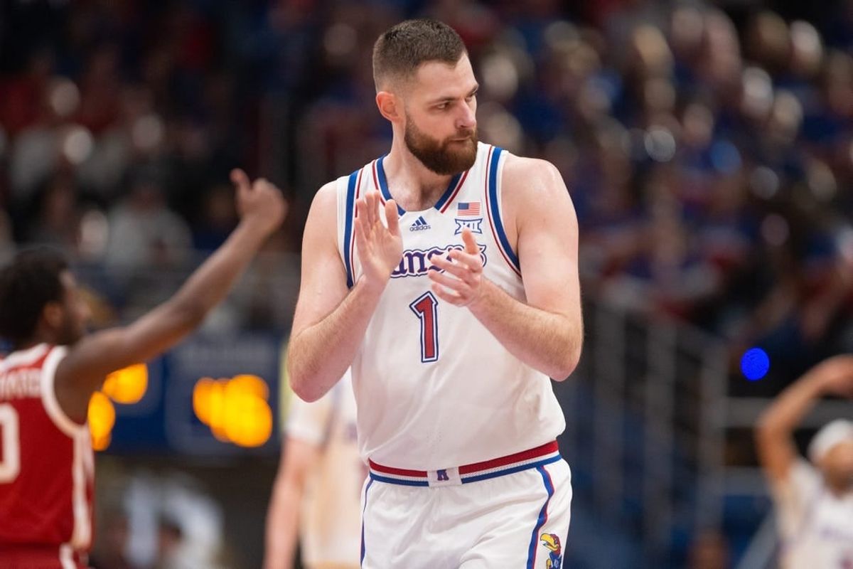 Kansas senior center Hunter Dickinson (1) reacts after a call against Oklahoma in the second half of the game Saturday, Jan. 13, 2024, inside Allen Fieldhouse.