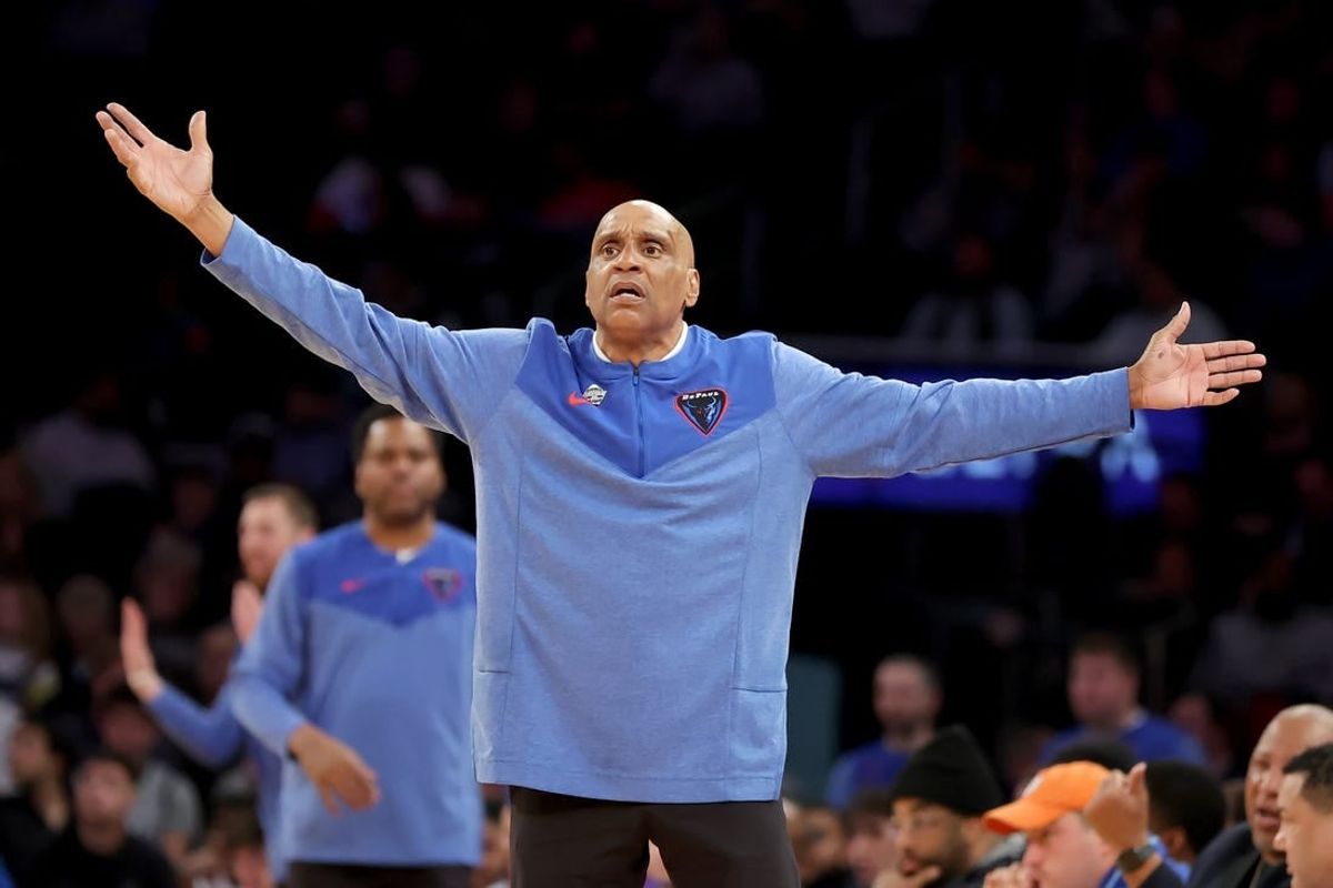 Mar 8, 2023; New York, NY, USA; DePaul Blue Demons head coach Tony Stubblefield reacts as he coaches against the Seton Hall Pirates during the second half at Madison Square Garden.
