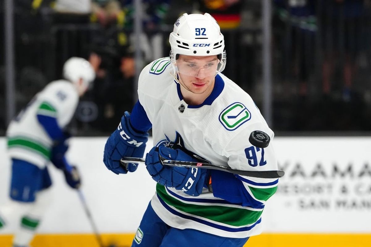 Apr 2, 2024; Las Vegas, Nevada, USA; Vancouver Canucks right wing Vasily Podkolzin (92) warms up before a game against the Vegas Golden Knights at T-Mobile Arena.