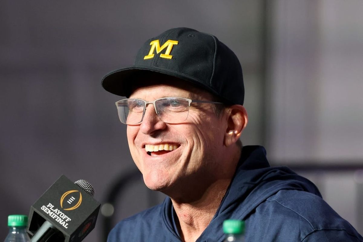 Jan 1, 2024; Pasadena, CA, USA; Michigan Wolverines head coach Jim Harbaugh speaks in a press conference after defeating the Alabama Crimson Tide in the 2024 Rose Bowl college football playoff semifinal game at Rose Bowl.
