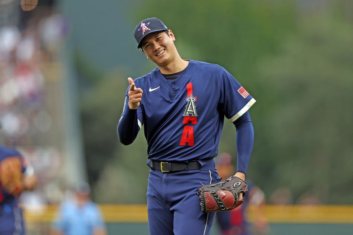 Shohei Ohtani in the hideous All-Star Game uniforms on display last night.