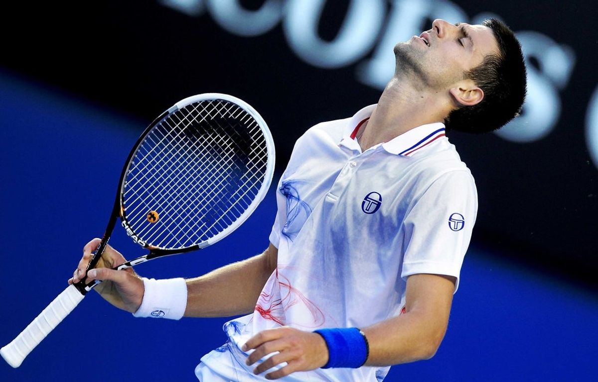 Jan 25, 2012; Melbourne, AUSTRALIA; Novak Djokovic (SRB) during his match against David Ferrer (ESP) on day ten of the 2012 Australian Open at Melbourne Park.  Mandatory Credit: Matthias Hauer/GEPA via Imagn Images