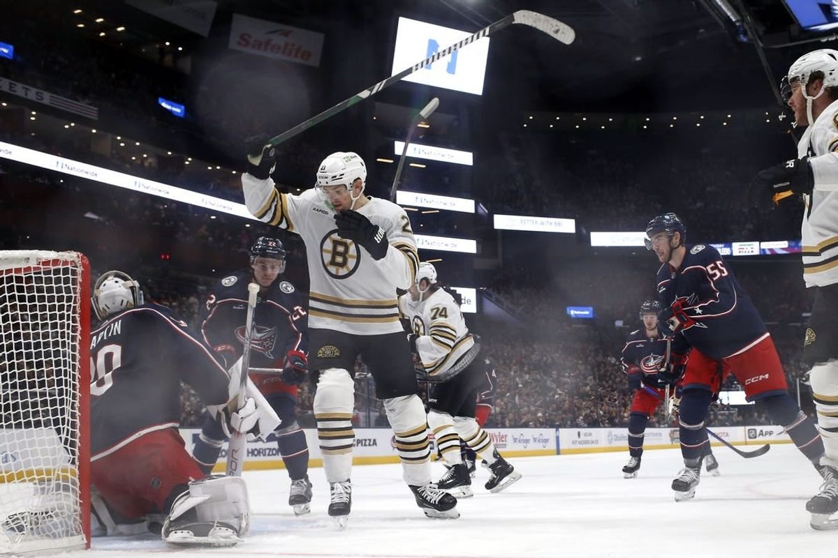 Jan 2, 2024; Columbus, Ohio, USA; Boston Bruins left wing James van Riemsdyk (21) celebrates his goal against the Columbus Blue Jackets during the second period at Nationwide Arena.