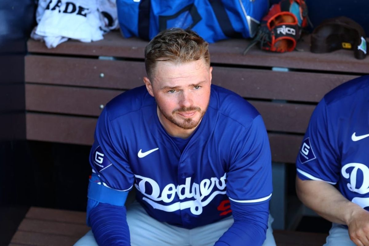 Feb 22, 2024; Peoria, Arizona, USA; Los Angeles Dodgers infielder Gavin Lux against the San Diego Padres during a spring training game at Peoria Sports Complex.