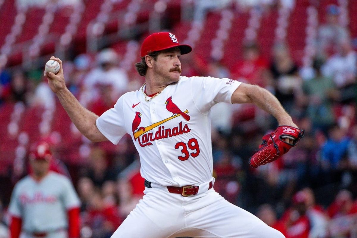 Apr 8, 2024; St. Louis, Missouri, USA;  St. Louis Cardinals pitcher Miles Mikolas (39) pitches against the Miami Marlins during the first inning at Busch Stadium.