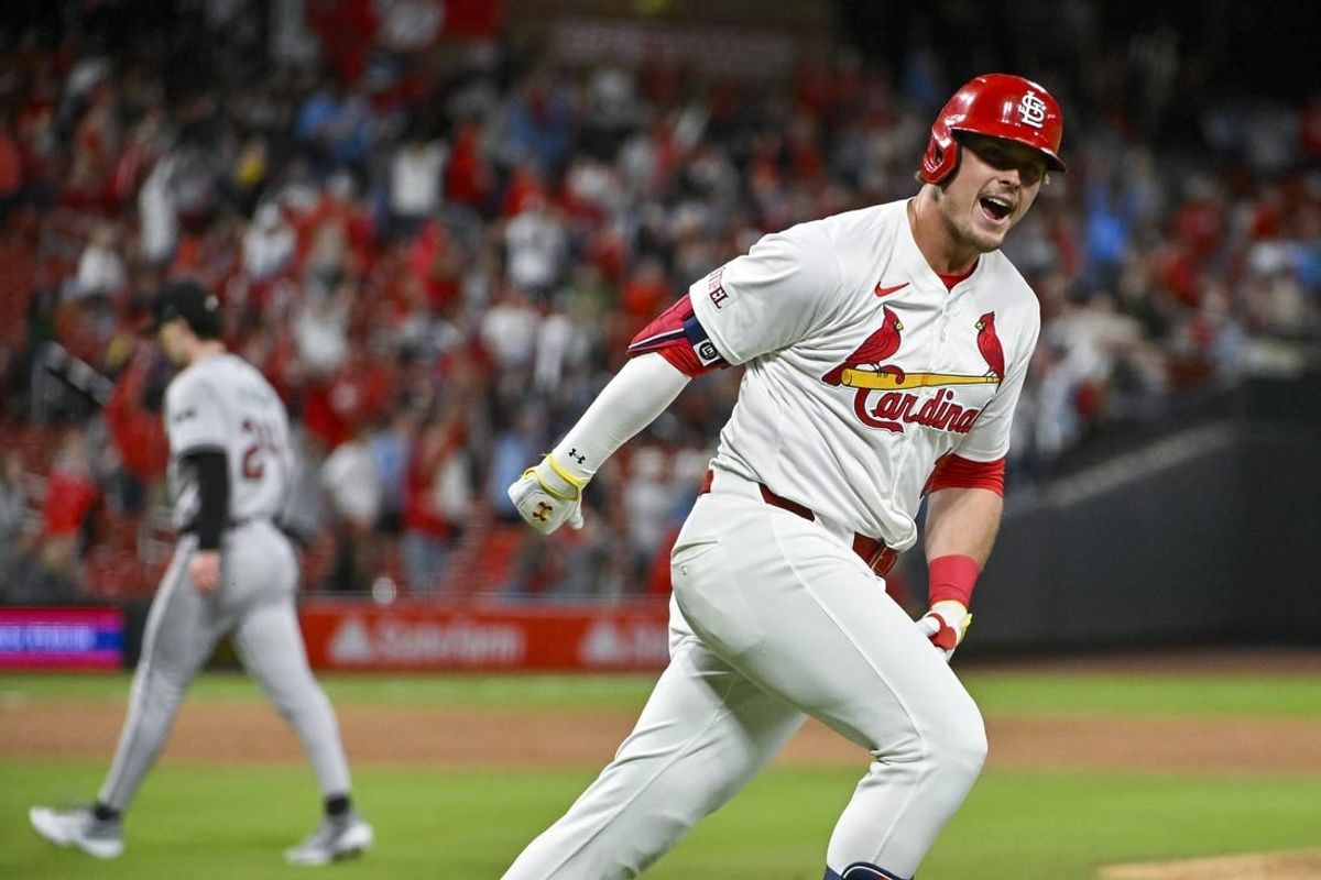 Apr 22, 2024; St. Louis, Missouri, USA;  St. Louis Cardinals second baseman Nolan Gorman (16) reacts after hitting a walk-off two run home run against the Arizona Diamondbacks during the ninth inning at Busch Stadium.