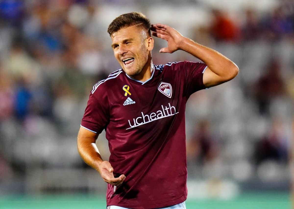 Sep 27, 2023; Commerce City, Colorado, USA; Colorado Rapids forward Diego Rubio (11) reacts in the first half against the Vancouver Whitecaps FC at Dick's Sporting Goods Park.