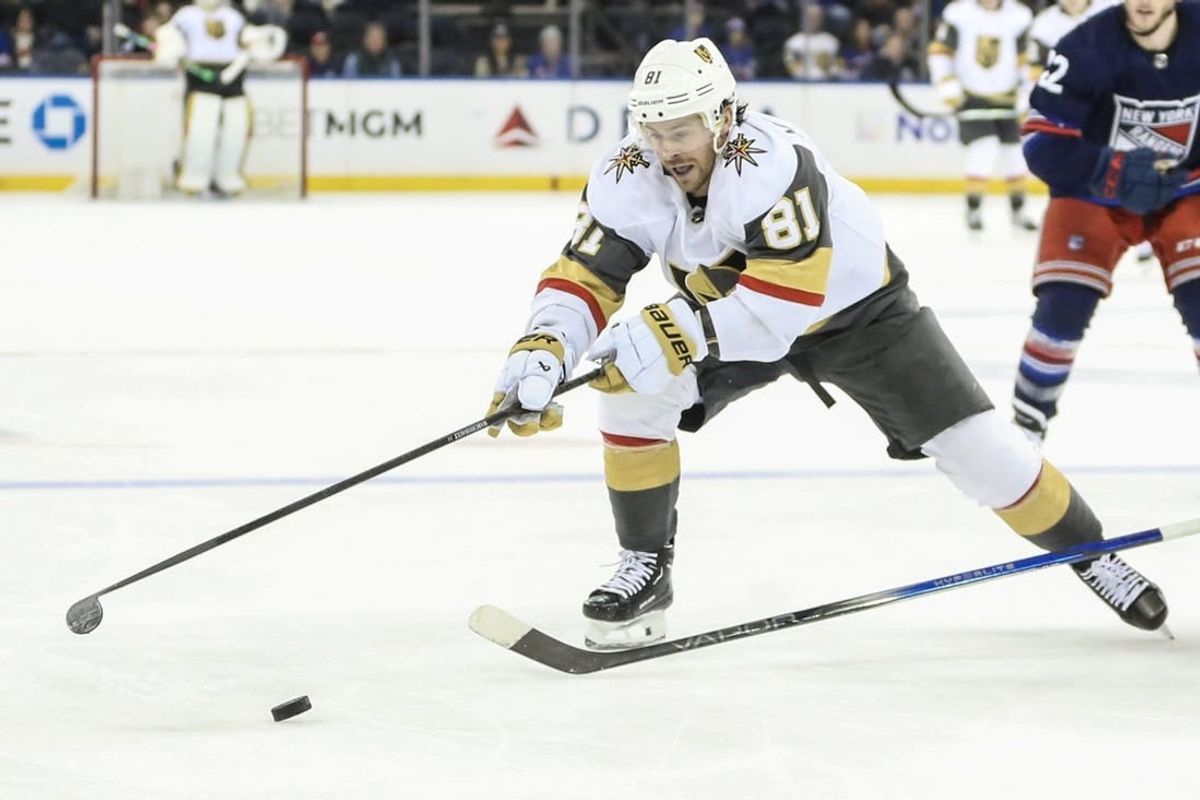 Jan 26, 2024; New York, New York, USA; Vegas Golden Knights right wing Jonathan Marchessault (81) chases the puck in the third period against the New York Rangers at Madison Square Garden.