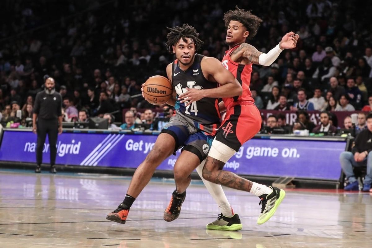 Jan 27, 2024; Brooklyn, New York, USA; Brooklyn Nets guard Cam Thomas (24) drives passed Houston Rockets guard Jalen Green (4) in the second quarter at Barclays Center.