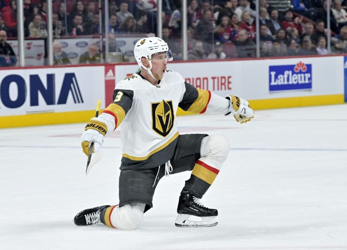 Nov 16, 2023; Montreal, Quebec, CAN; Vegas Golden Knights forward Jack Eichel (9) celebrates after scoring a goal against the Montreal Canadiens during the third period at the Bell Centre.