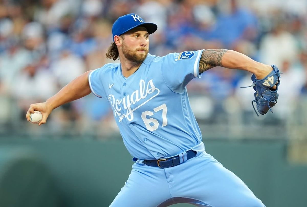 Sep 30, 2023; Kansas City, Missouri, USA; Kansas City Royals starting pitcher Alec Marsh (67) pitches during the second inning against the New York Yankees at Kauffman Stadium.