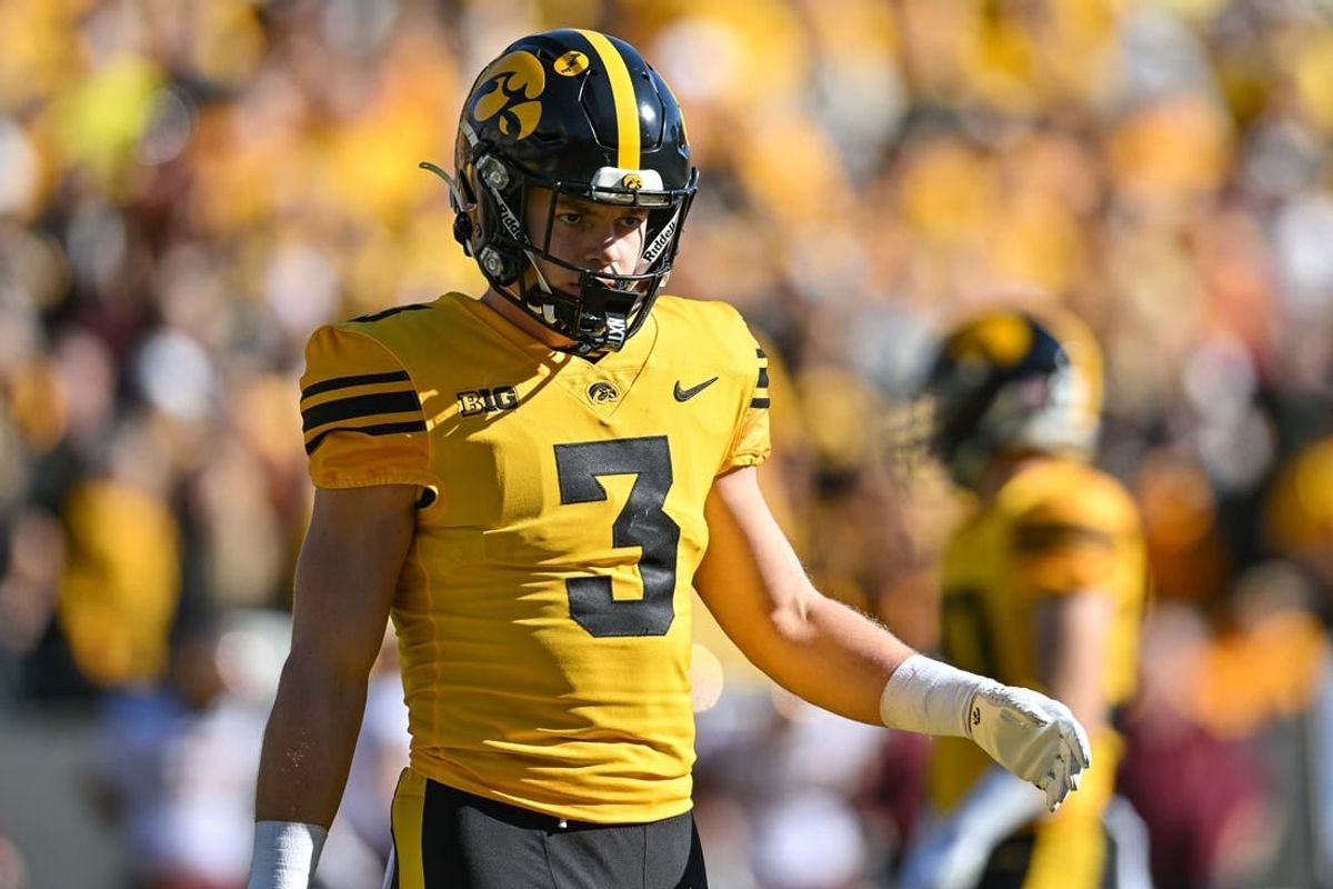 Oct 21, 2023; Iowa City, Iowa, USA; Iowa Hawkeyes defensive back Cooper DeJean (3) looks on during the game against the Minnesota Golden Gophers at Kinnick Stadium.