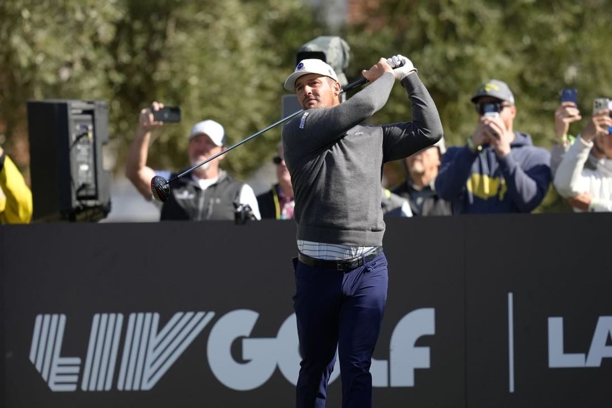 Feb 9, 2024; Las Vegas, Nevada, USA; Bryson DeChambeau plays his shot from the seventh tee during the second round of the LIV Golf Las Vegas tournament at Las Vegas Country Club.