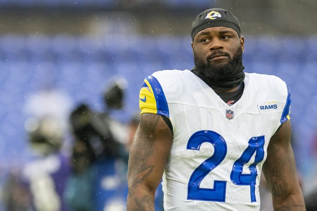 Dec 10, 2023; Baltimore, Maryland, USA;  Los Angeles Rams running back Royce Freeman (24) on the field prior to the game against the Baltimore Ravens  at M&T Bank Stadium.