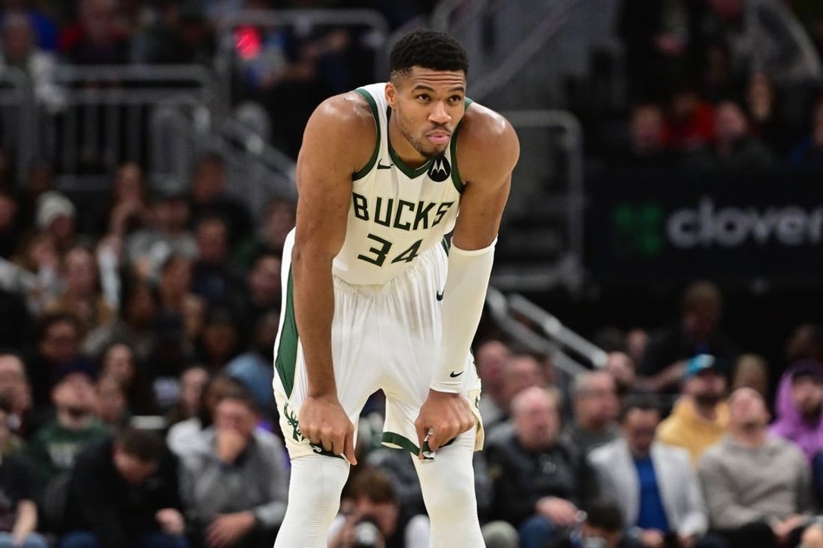 Nov 13, 2023; Milwaukee, Wisconsin, USA; Milwaukee Bucks forward Giannis Antetokounmpo (34) looks on during a timeout in the fourth quarter against the Chicago Bulls at Fiserv Forum.
