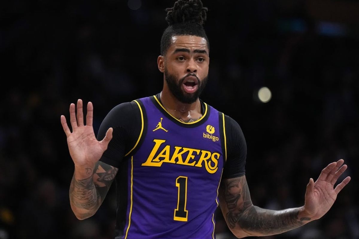 Jan 19, 2024; Los Angeles, California, USA; Los Angeles Lakers guard D'Angelo Russell (1) reacts against the Brooklyn Nets in the first half at Crypto.com Arena.