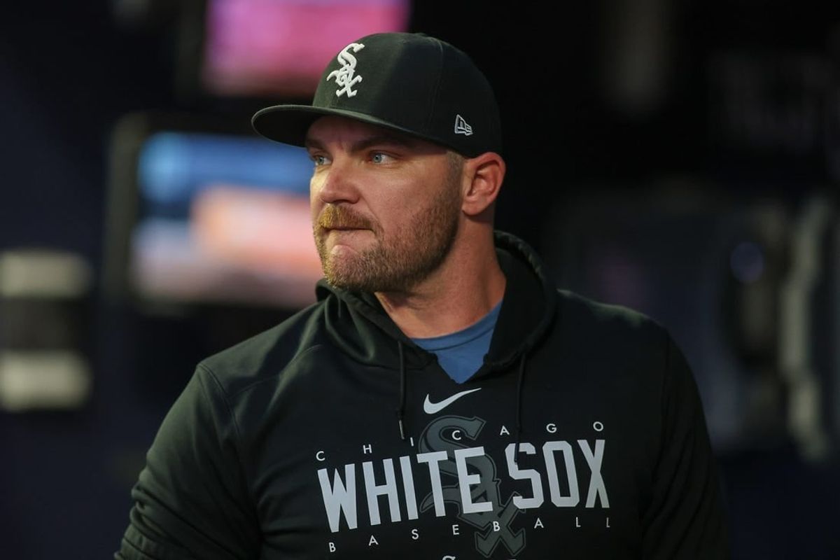 Jul 14, 2023; Atlanta, Georgia, USA; Chicago White Sox relief pitcher Liam Hendriks  (31) in the dugout against the Atlanta Braves in the fifth inning at Truist Park.