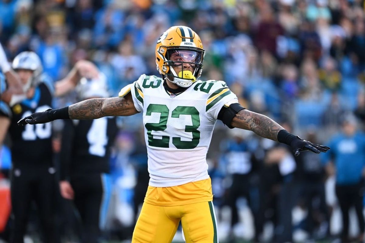 Dec 24, 2023; Charlotte, North Carolina, USA; Green Bay Packers cornerback Jaire Alexander (23) reacts in the fourth quarter at Bank of America Stadium.