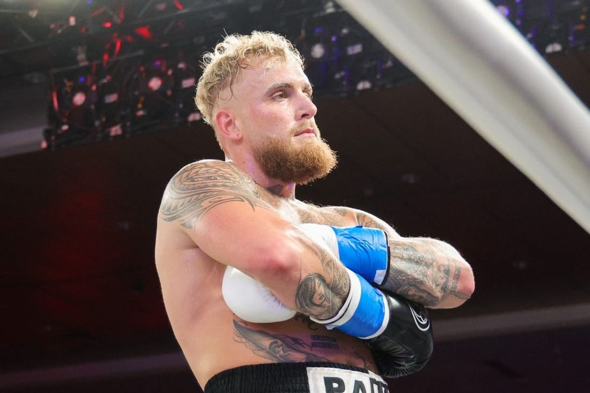 Dec 15, 2023; Orlando, Florida, USA;  Jake Paul reacts after knocking out Andre August in the first round at Caribe Royale Orlando.