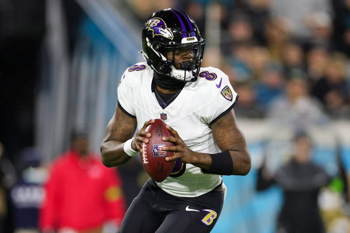 Dec 17, 2023; Jacksonville, Florida, USA;  Baltimore Ravens quarterback Lamar Jackson (8) drops back to pass against the Jacksonville Jaguars in the first quarter at EverBank Stadium.