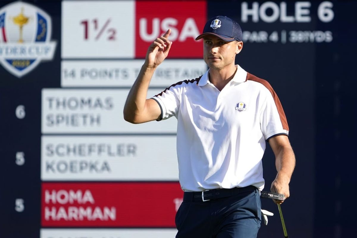 Sep 30, 2023; Rome, ITA; Team Europe golfer Ludvig Aberg reacts after a putt on the sixth green during day two foursomes round for the 44th Ryder Cup golf competition at Marco Simone Golf and Country Club.