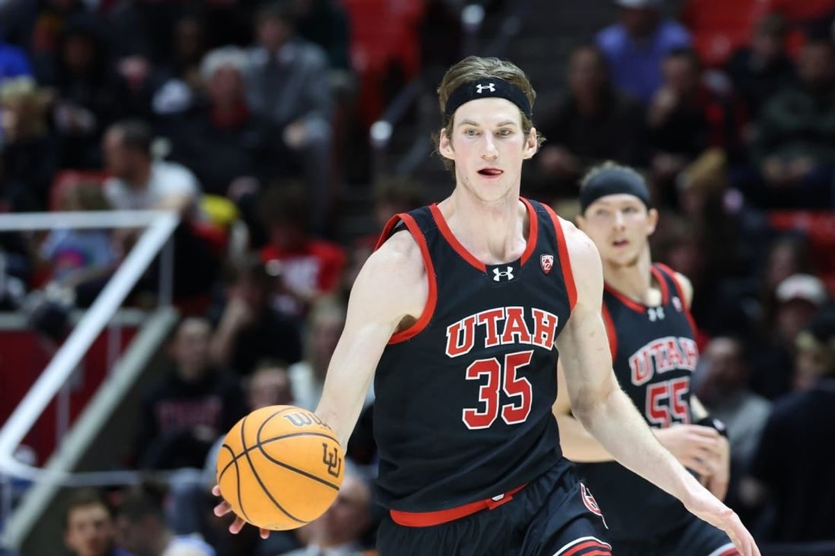 Jan 11, 2024; Salt Lake City, Utah, USA; Utah Utes center Branden Carlson (35) brings the ball up the court against the UCLA Bruins during the second half at Jon M. Huntsman Center.