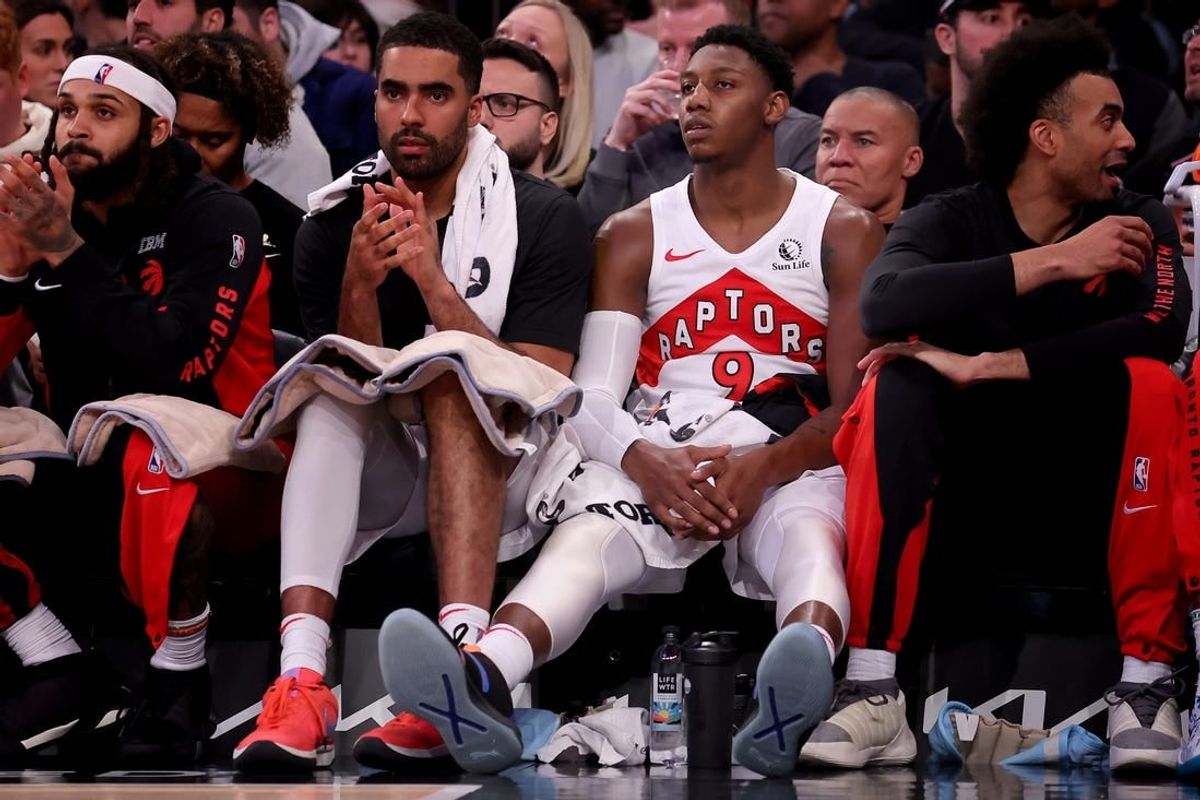 Jan 20, 2024; New York, New York, USA; Toronto Raptors guard RJ Barrett (9) watches from the bench during the fourth quarter against the New York Knicks at Madison Square Garden.