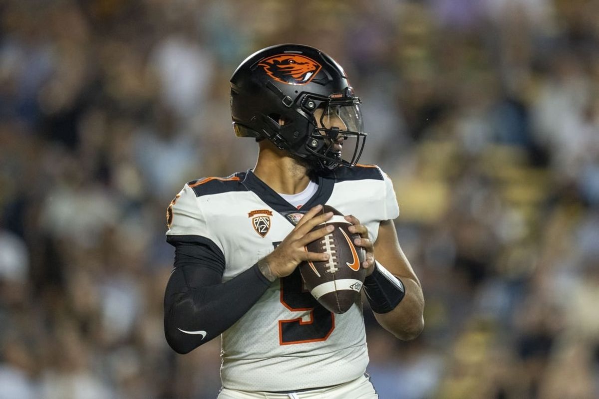 October 7, 2023; Berkeley, California, USA; Oregon State Beavers quarterback DJ Uiagalelei (5) looks for a receiver during the first quarter against the California Golden Bears at California Memorial Stadium.